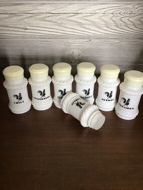 Vintage Hazel Atlas Milk Glass Spice Jars Set with Rooster design